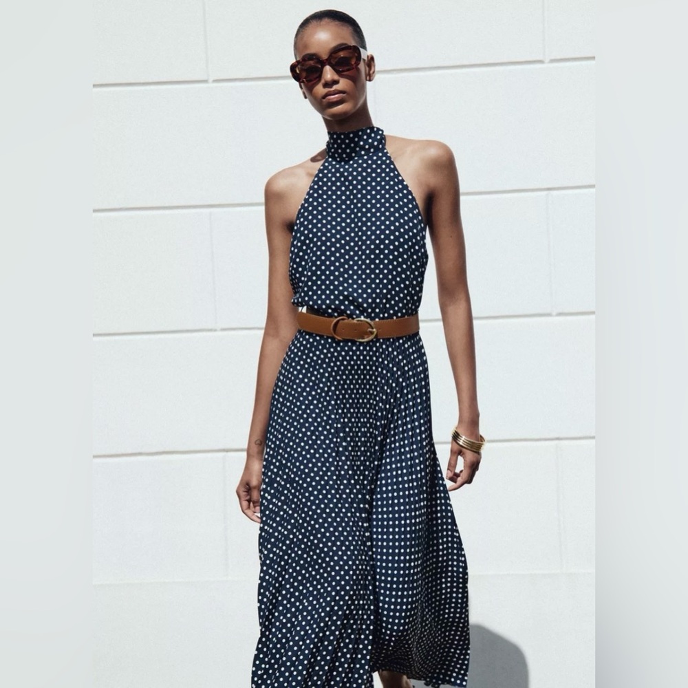 ZARA Polka Dot Midi Halter Dress with Belt